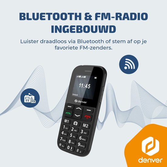 Téléphone portable Denver pour seniors 4G - Grandes touches - Bouton SOS - Grandir sans smartphone - Station de recharge - GSM - Bluetooth - Radio FM - Entièrement en néerlandais et en français - Modèle 2026 - BAS18800L