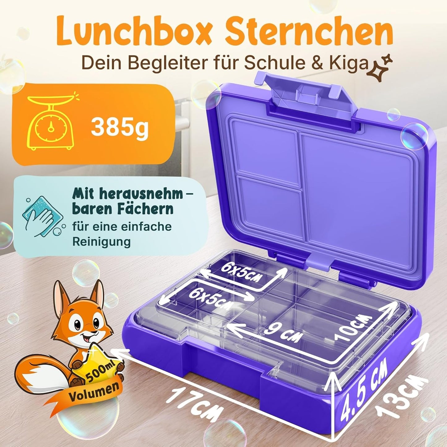 Funkelfuchs® - Lunchbox kids avec compartiments - 500ml, violet - Lunchbox star, small - Boîte à snacks, boîte à snacks, boîte à lunch, boîte à repas, boîte à bento kids - pour l'école, le jardin d'enfants et la crèche