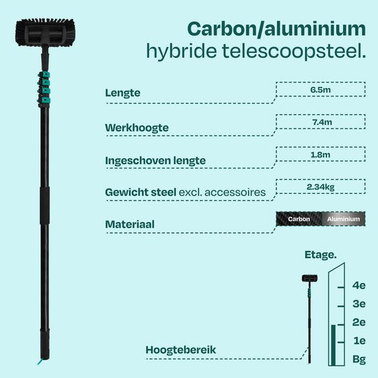 Brosse de lavage télescopique hybride VONROC – Aluminium/carbone 3K – 6,5 m – Avec tête de brosse à 5 pans, tuyau d'arrosage de 9 m et distributeur de savon