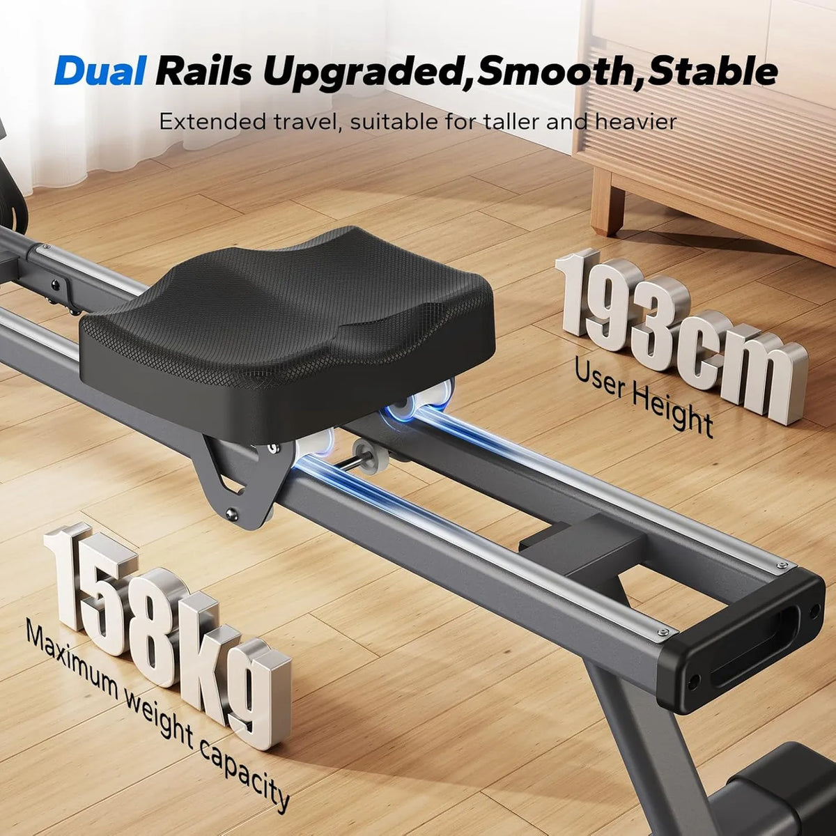 Rameur Merach MR-Q1S pour la maison – Double rail – Noir – Acier allié et aluminium