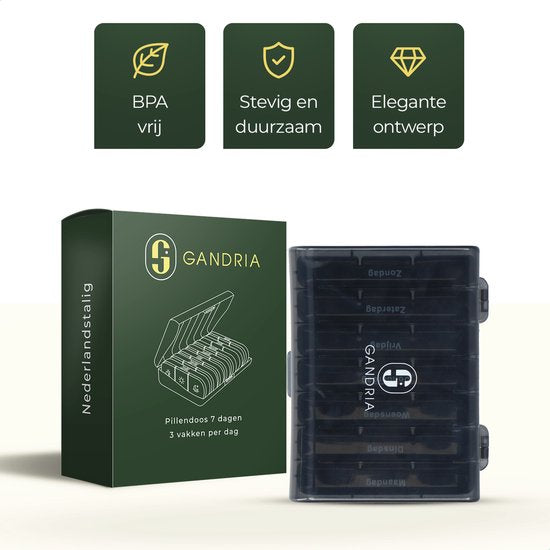 Boîte à pilules Gandria 7 jours - Boîte à pilules amovible - Boîte à médicaments avec 21 compartiments - Boîte à médicaments avec fermeture solide - 3 compartiments par jour - Noir