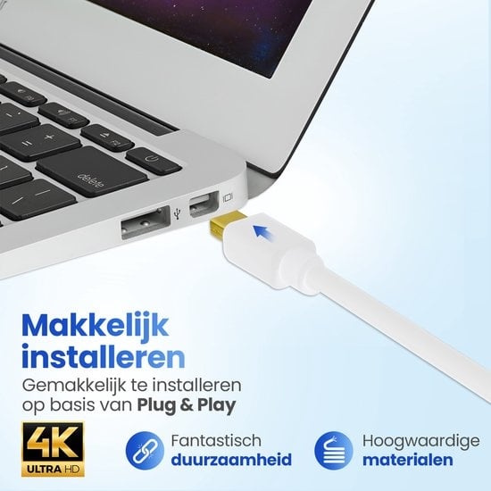 Garpex® Câble Mini DisplayPort vers HDMI - Câble Mini DP vers HDMI - Câble HDMI - 4K 30Hz Ultra HD - Blanc - 1,8 mètres