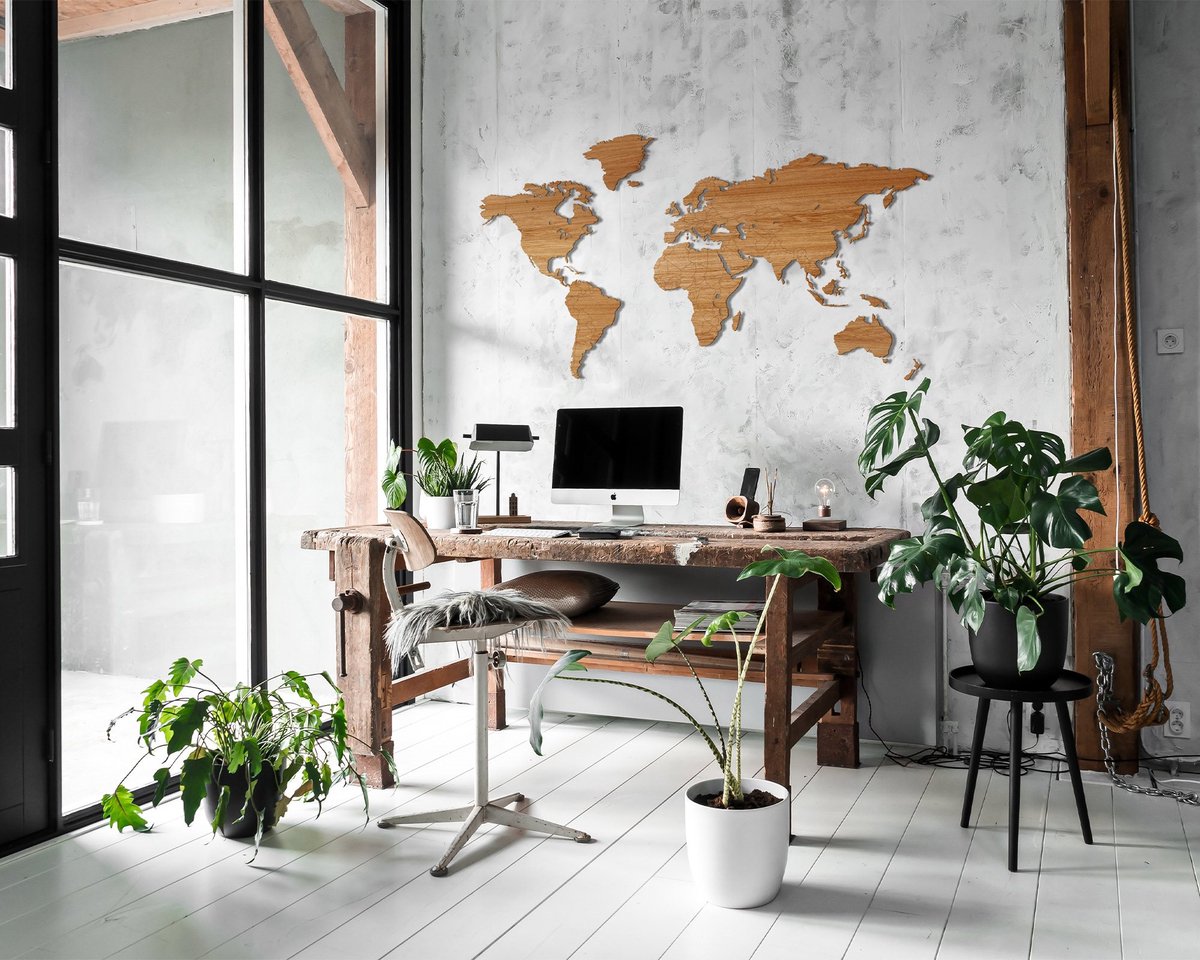 Carte du monde en bois Wooden Amsterdam, Décoration murale, Chêne, Marron