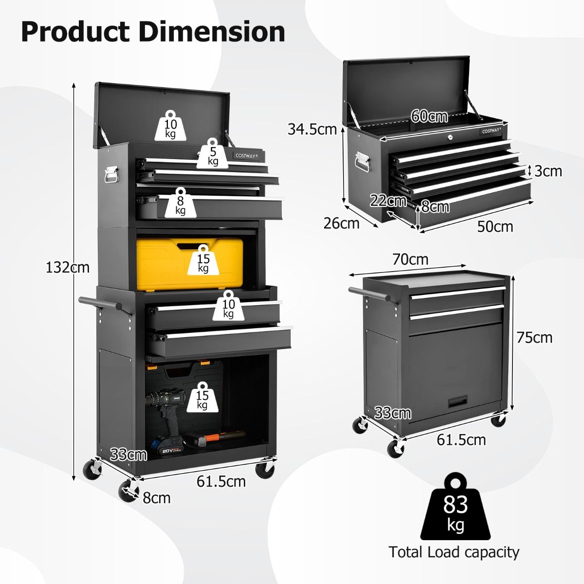 Coast - Chariot d'atelier Armoire à outils - 2-en-1, 6 tiroirs, verrouillable, capacité 83 kg - 61,5 x 33 x 132 cm - métal/acier - noir