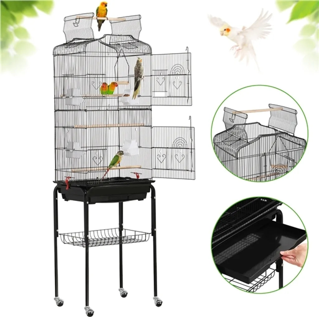 Cage à oiseaux Yaheetech XXL avec support et aire de jeux - Noir - 46 x 35 x 150,5 cm