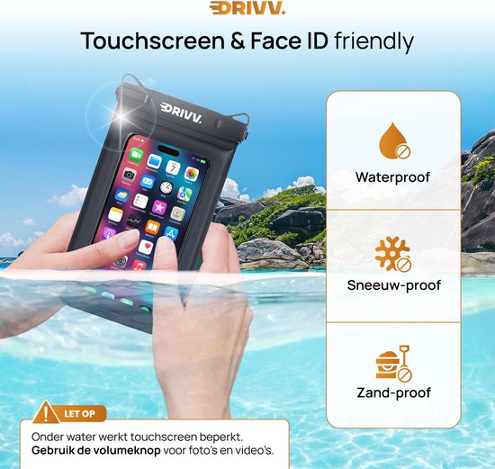 Drivv. Étui de protection étanche de luxe pour téléphone – Flottant – Double fermeture à clip – Éponge supplémentaire – Téléphones jusqu'à 6,8 pouces – Étui de protection sous-marin pour téléphone – Noir