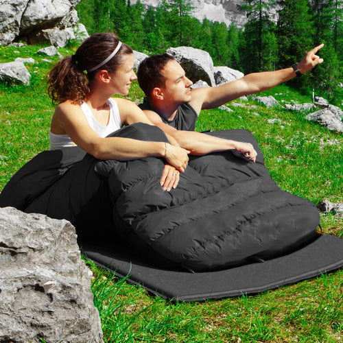 Sac de couchage Coast double avec 2 oreillers - double - avec sac de transport - imperméable - 220 x 150 cm - noir