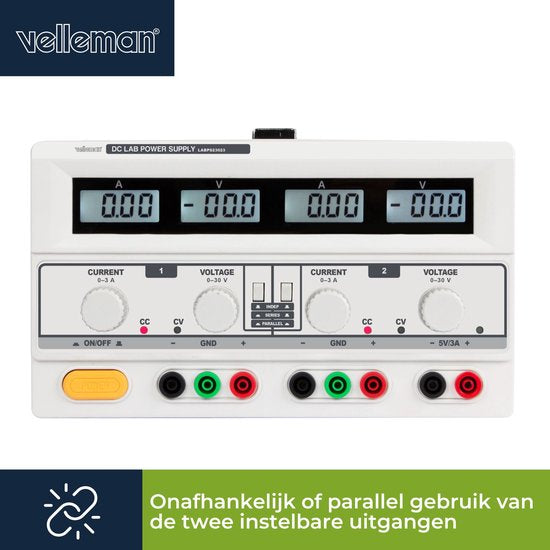 Velleman Alimentation de laboratoire, réglable, 2 x 0-30 VDC/0-3 A, + 5 VDC fixe/3 A, limitation de courant, protection contre les courts-circuits, 4 écrans LCD, gris