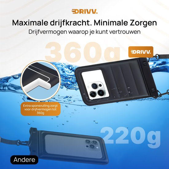 Drivv. Étui de protection étanche de luxe pour téléphone – Flottant – Double fermeture à clip – Éponge supplémentaire – Téléphones jusqu'à 6,8 pouces – Étui de protection sous-marin pour téléphone – Noir