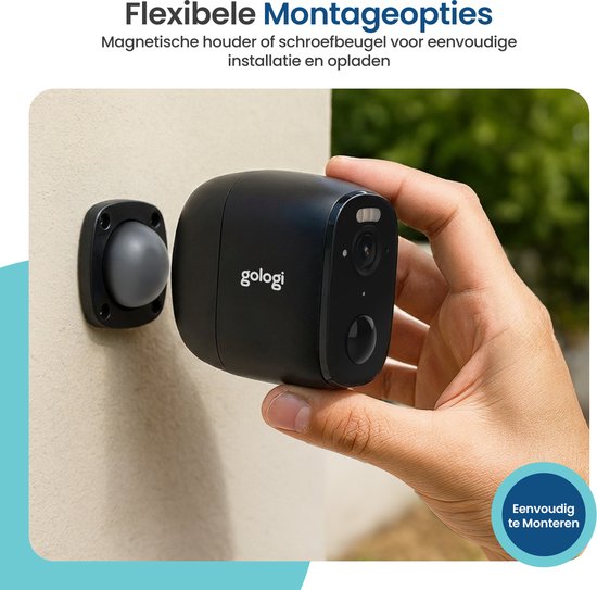 Caméra de sécurité sans fil Gologi pour l'extérieur et l'intérieur - Caméra de surveillance avec batterie 5200 mAh - Rechargeable via USB-C - Vision nocturne - Détection de mouvement - Fixation magnétique - Caméra HD 5 MP avec Wi-Fi et application - Camér