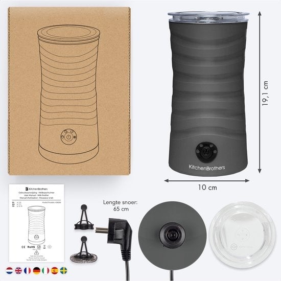 KitchenBrothers Mousseur à lait électrique - 4 en 1 - 240 ML - Mousseur à lait pratique - Anthracite