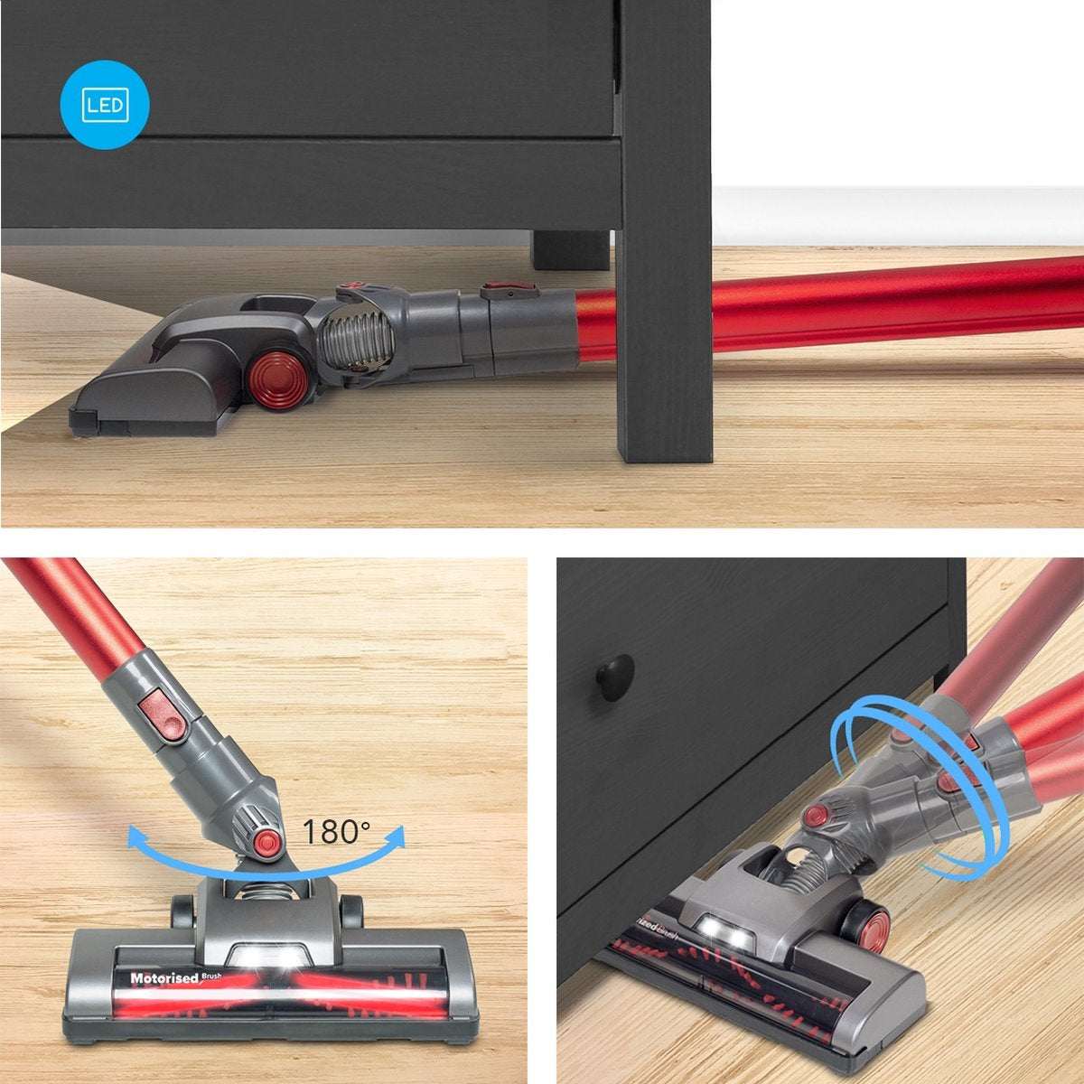 Aspirateur Sans fil - Auronic - Sans sac - 4-en-1 - Alimenté par batterie - 160W - Rouge/Gris