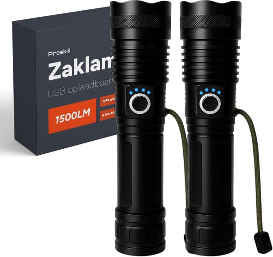 Torche LED rechargeable - 2 pièces - piles incluses - Pour enfants et adultes - Étanche - Mini torches militaires - 1500 Lumens - Proskill