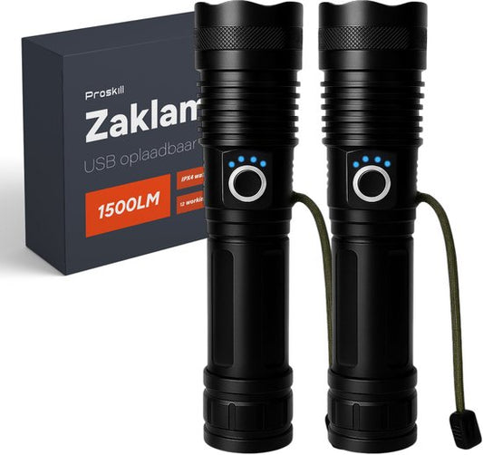 Torche LED rechargeable - 2 pièces - piles incluses - Pour enfants et adultes - Étanche - Mini torches militaires - 1500 Lumens - Proskill