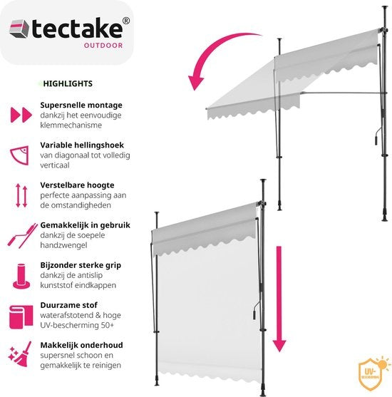 tectake - store à pinces - parasol - store - réglable - store à pinces - parasol balcon - 200 x 180 cm - gris clair - store - 404958
