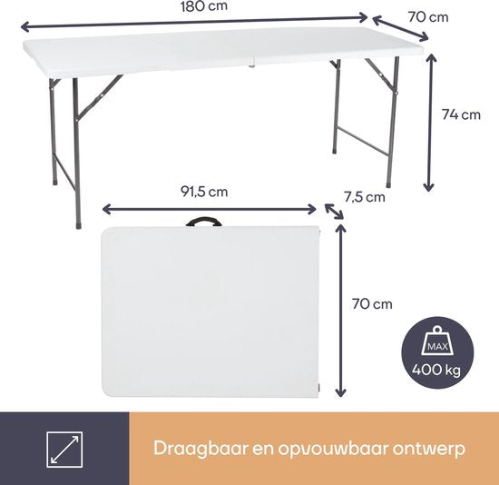 Perel Table pliante, pliable, résistante aux intempéries, poignée, maximum 100 kg, blanc