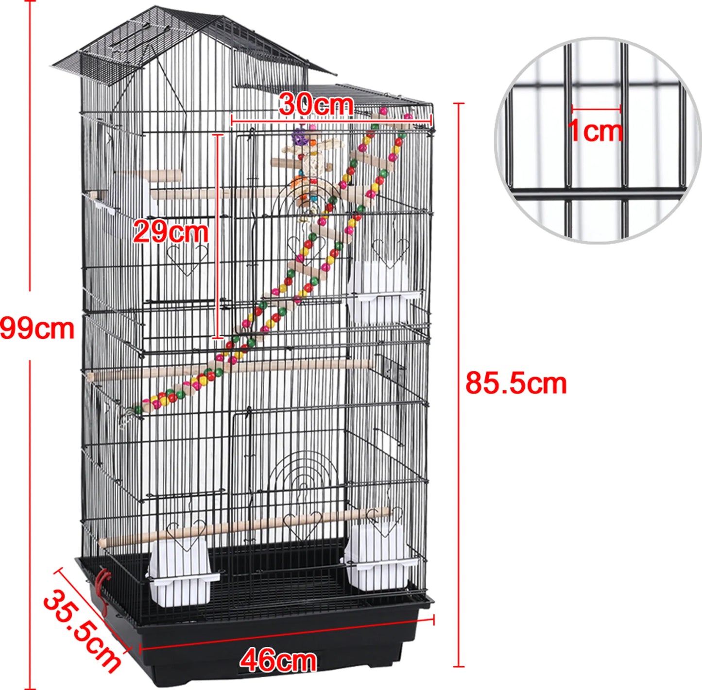Yaheetech Cage à oiseaux avec aire de jeu - 46 x 35,5 x 99 cm - avec plaque de fond amovible et fermetures en fil de fer et ensemble complet d'accessoires - pour perruches et canaris - métal noir et bois