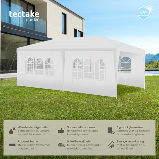 tectake® Pavillon Novara - Tente de réception 3x6 m - Bâche imperméable avec 5 panneaux latéraux amovibles - Pavillon de jardin résistant aux intempéries - Lignes de tension et piquets inclus - blanc