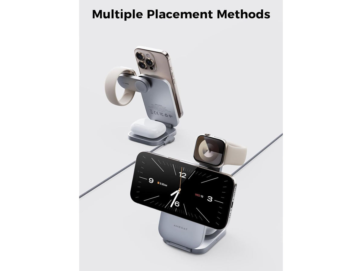 Station de recharge AMEGAT 3-en-1 MagFusion Z - Qi2 - 15 W - MagSafe - Pliable - Adaptateur 30 W inclus