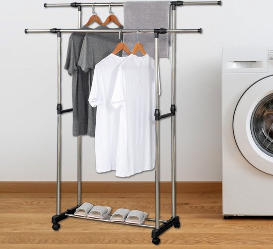 Herzberg : portant à vêtements réglable sur roulettes avec double tringle