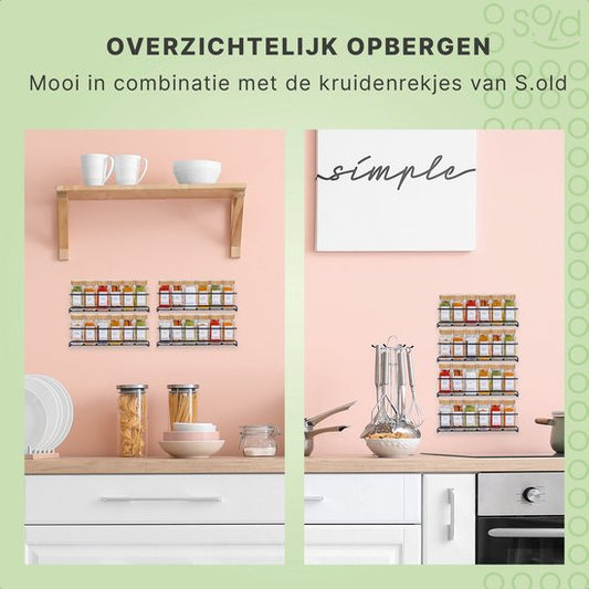 S.old - 36 pots à épices en verre carrés avec couvercle en bambou - Diffuseur d'épices - Set complet avec couvercles à saupoudrer, autocollants préimprimés et entonnoir - Capacité 120 ml - 10,5 x 4,3 cm