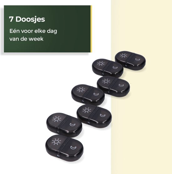 Boîte à pilules Gandria 7 jours - Boîte à pilules amovible - Boîte à médicaments avec 14 compartiments - Boîte à médicaments avec fermeture solide - 2 compartiments par jour - Noir