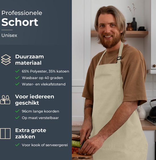 Tablier de cuisine - Résistant à l'eau et à la saleté - Tablier de cuisine professionnel - Tablier pour femmes et hommes - Tablier de traiteur - Unisexe - Boucle réglable - Compartiments extra-larges - Couleur sable