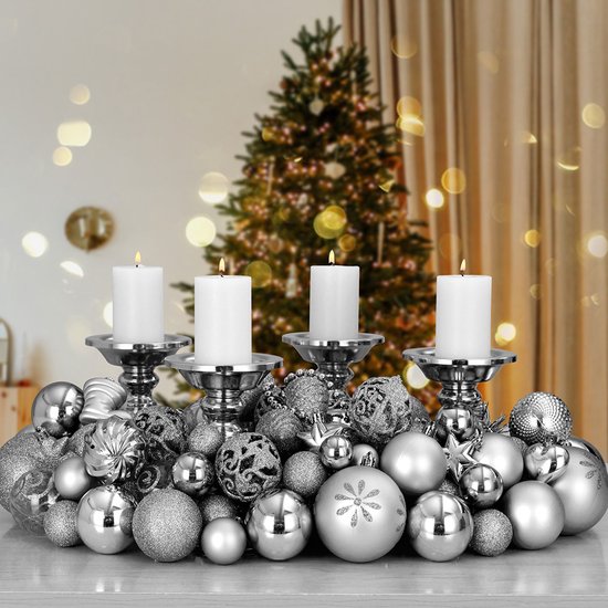 Boules de Noël Deuba - Lot de 103 boules en plastique mat brillant - argenté