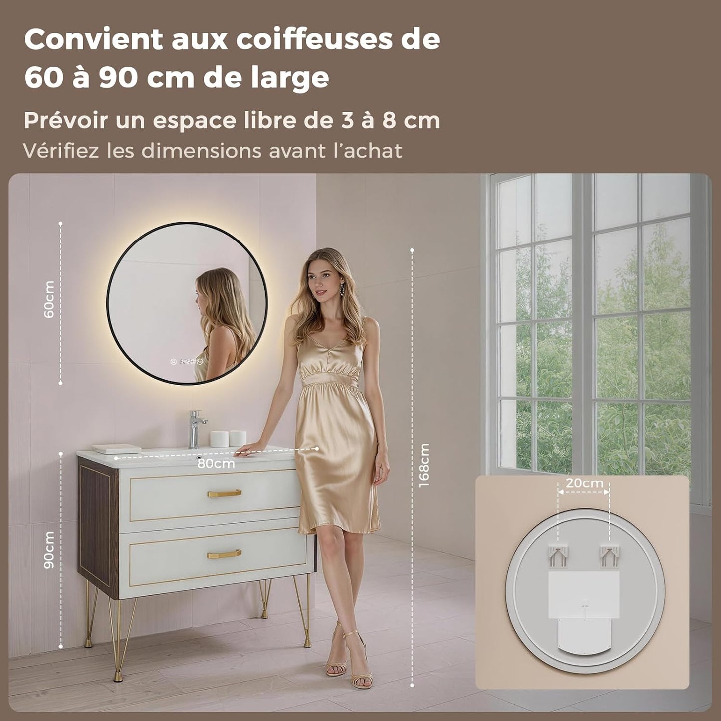 Miroir de salle de bain rond S'afielina avec éclairage LED, noir, Ø 60 x 3 cm - Intensité réglable - Anti-condensation - Horloge et affichage de la température