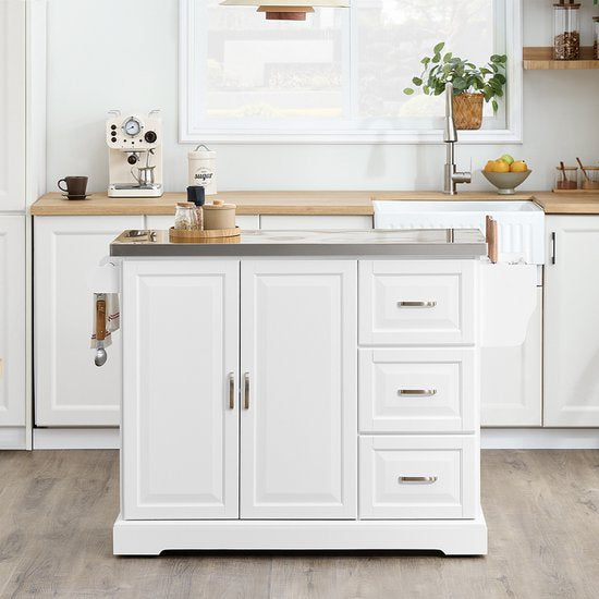 Chariot de service SoBuy - Chariot de cuisine blanc avec plateau rabattable - 3 tiroirs, 2 portes, étagères réglables | FKW41-II-ST