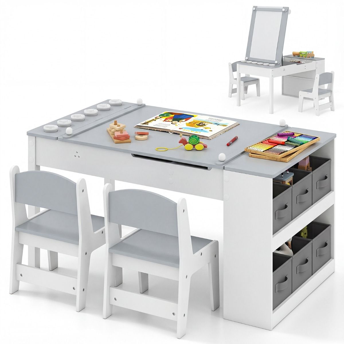 Ensemble table et chaises pour enfants Coast - Table à dessin 2-en-1 avec espace de rangement et rouleau de papier - gris