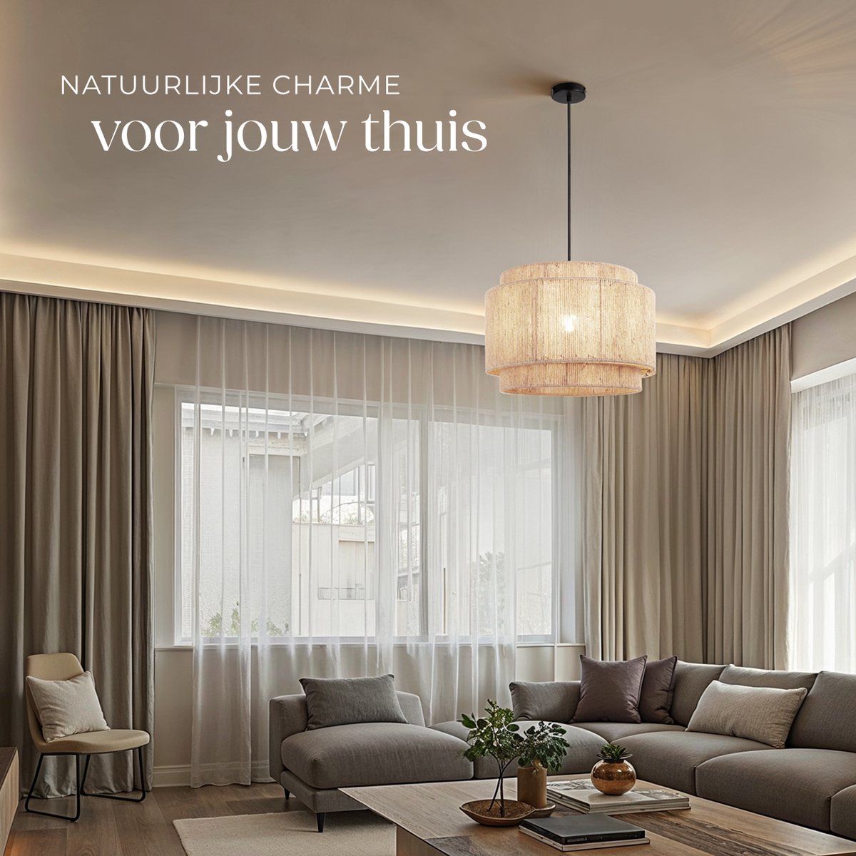 tectake® Plafonnier Lignea Lux - Lampe pendante Boho - Jute Nature - Ø46 x 32 cm - 40W