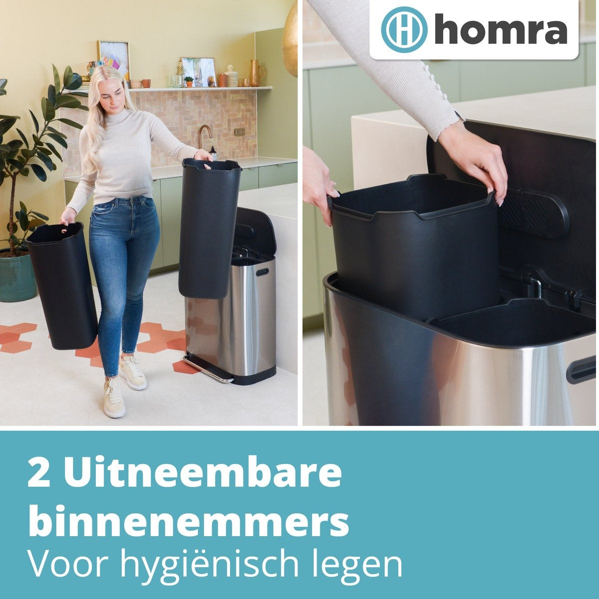 Poubelle double - Homra - 2x30L Homra Rockx - Poubelle Duo à pédale 60L avec filtre anti-odeurs - Poubelle de tri en acier inoxydable 2 compartiments - Poubelle de recyclage - Poubelle de cuisine pour le tri des déchets - Corbeille à déchets - acier inoxy