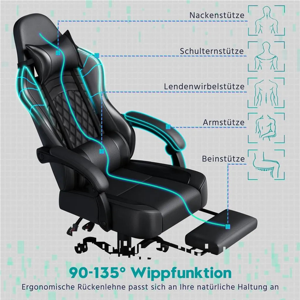 Yaheetech Gaming Chair 72 × 72 × 124.5-134 cm - Noir - Chaise de jeu ergonomique avec fonction de massage, repose-pieds et hauteur réglable