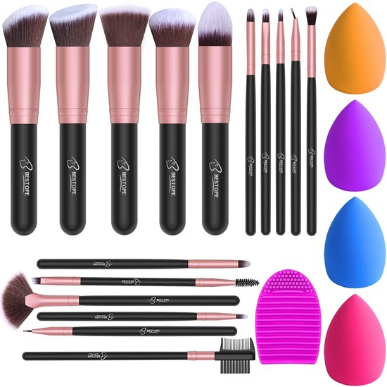 Bestope Set de pinceaux de maquillage avec Beauty blenders 16 pièces - Set de pinceaux - Nettoyeur de pinceaux - Pinceaux - Rose Gold