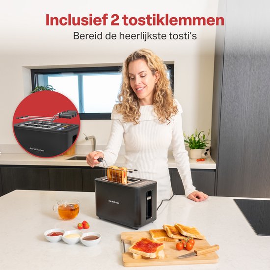 AoraKitchen Grille-pain avec pinces chauffantes - 6 niveaux de chaleur - écran LED - grille-pain - minuterie - noir