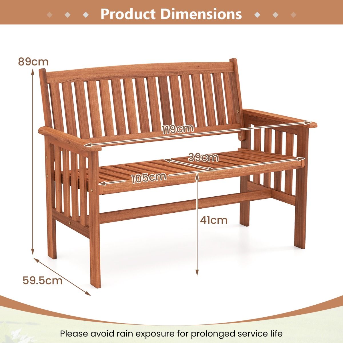 Banc de jardin en bois Coast - 2 places - dossier réglable - couleur naturelle - 119 x 59,5 x 89 cm