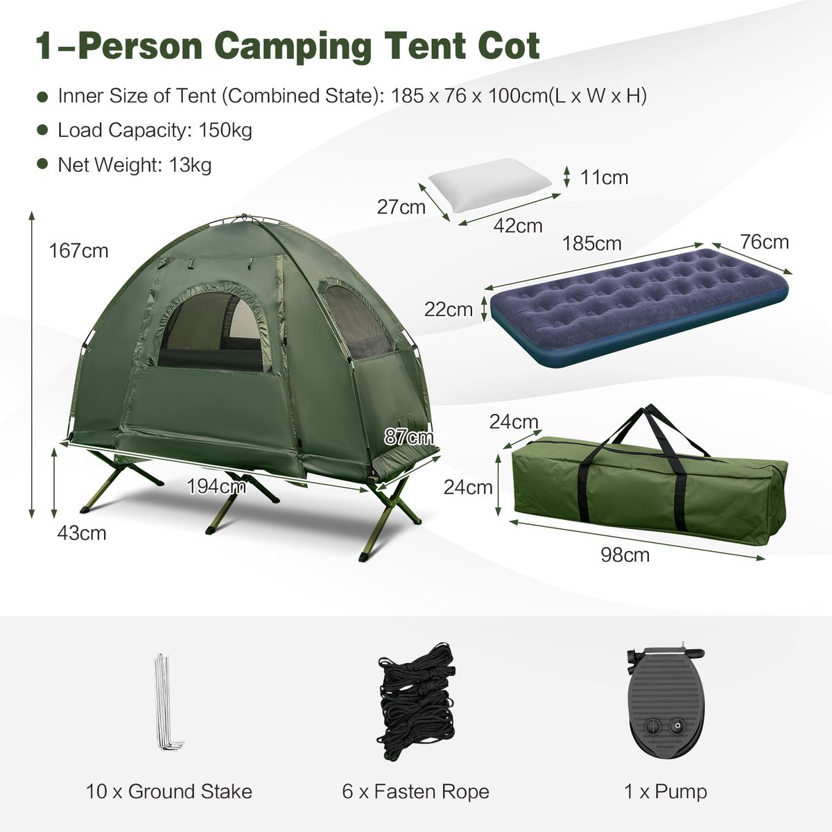 Lit de camp Coast avec tente - Kit de camping 5 en 1 - Matelas gonflable, sac de couchage et oreiller - Vert - 194 x 87 x 167 cm