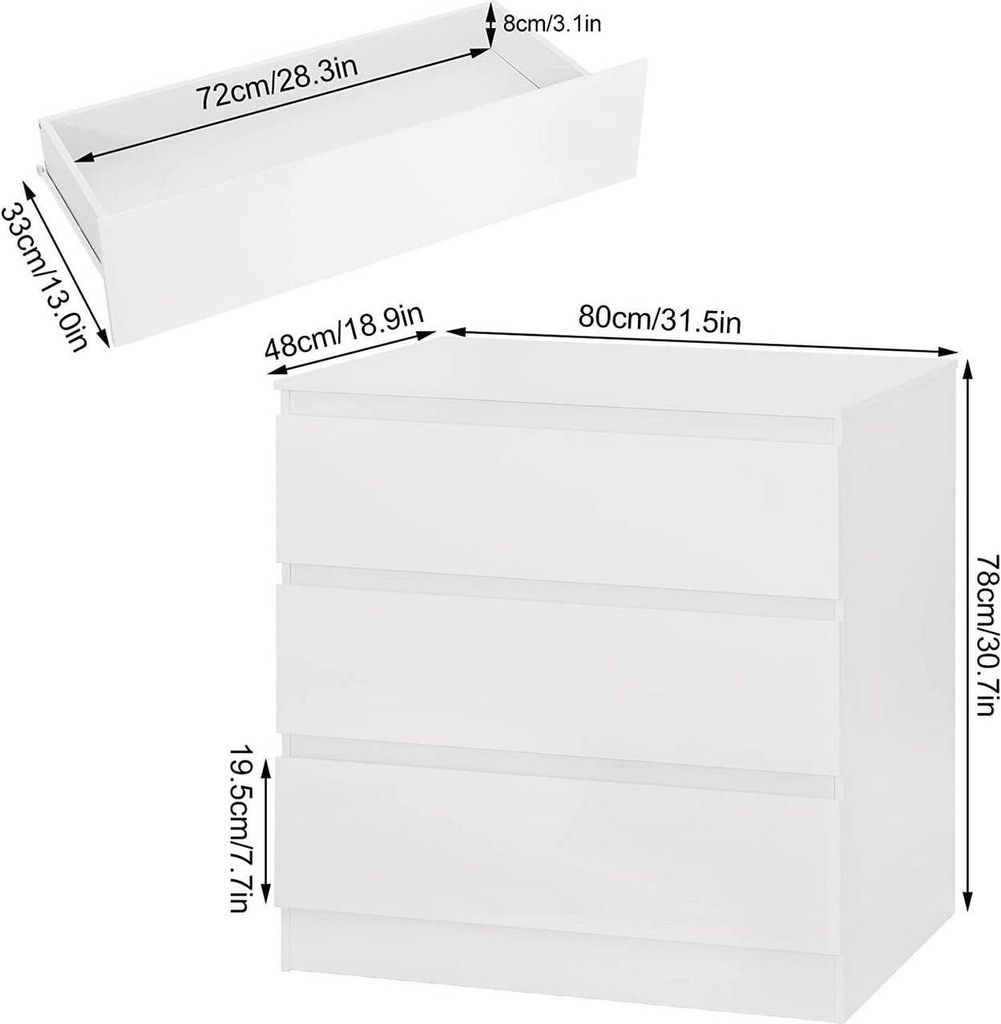 Commode Woltu avec 3 tiroirs - Blanc brillant - 80 x 78 x 48 cm - Design spacieux et moderne