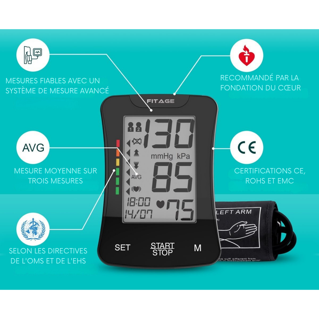FITAGE - Tensiomètre médical - Moniteur de Pression Artérielle - Fréquence Cardiaque - Brassard 22 à 42cm - Noir