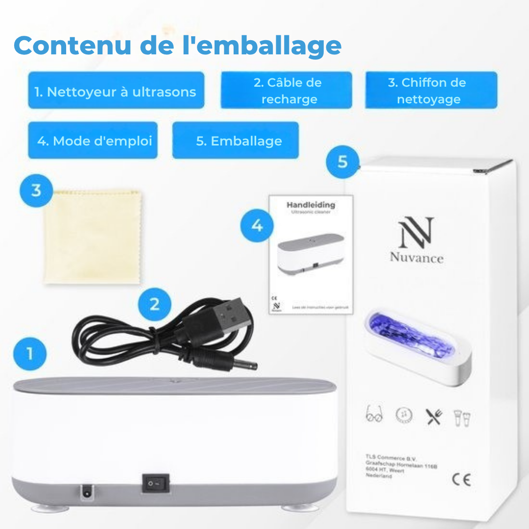 Nettoyeur à ultrasons Nuvance - Appareil de nettoyage pour bijoux et lunettes - 300ml - 3,5 x 15 cm x 5,5 cm - Blanc/gris