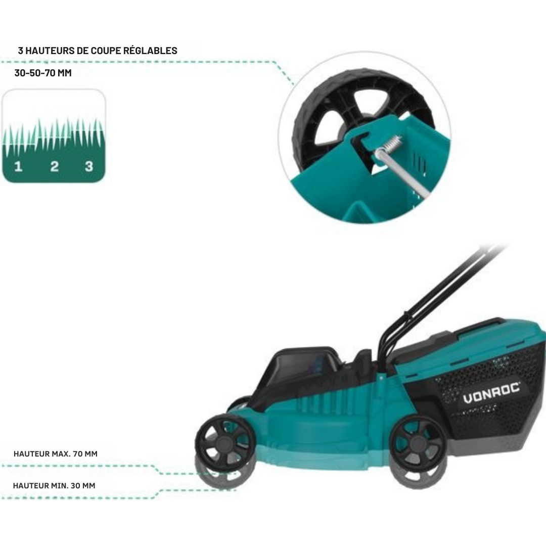 VONROC - Tondeuse Accu - Trois hauteurs de coupe : 30/50/70 mm - Bac de ramassage 30L inclus - SANS batterie et chargeur - Noir/vert
