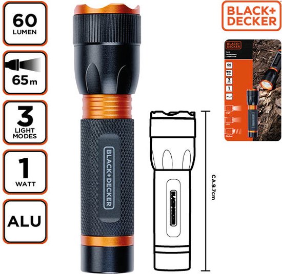 BLACK+DECKER Lampe de poche LED 60 Lumen - 1W - Pile AA (Excl.) - Portée 65M - 3 modes d'éclairage : Haut, Bas, Pulsé - Noir/Orange