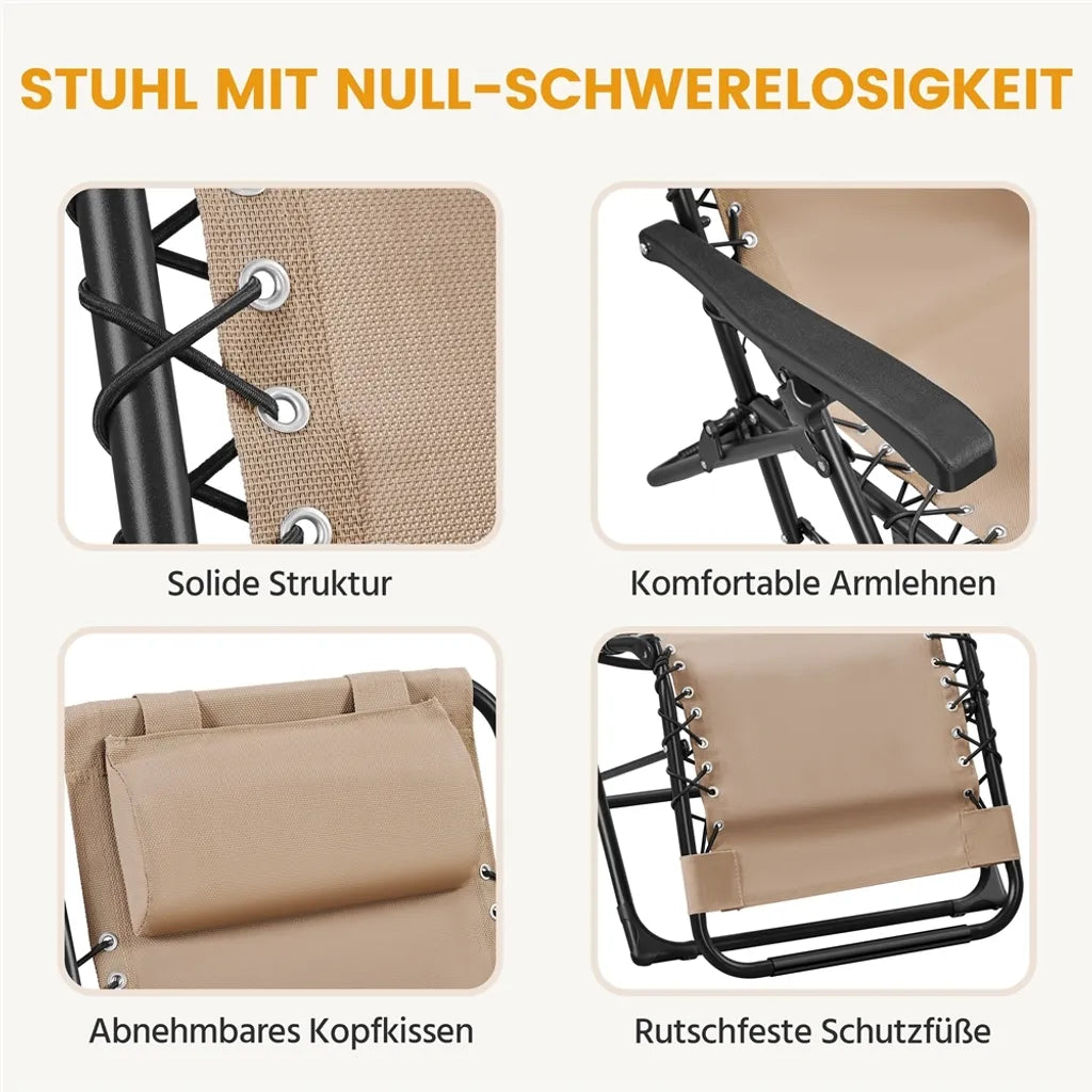 Yaheetech Lot de 2 chaises longues Zero Gravity - Beige - Chaises longues pliables avec oreiller et porte-gobelet