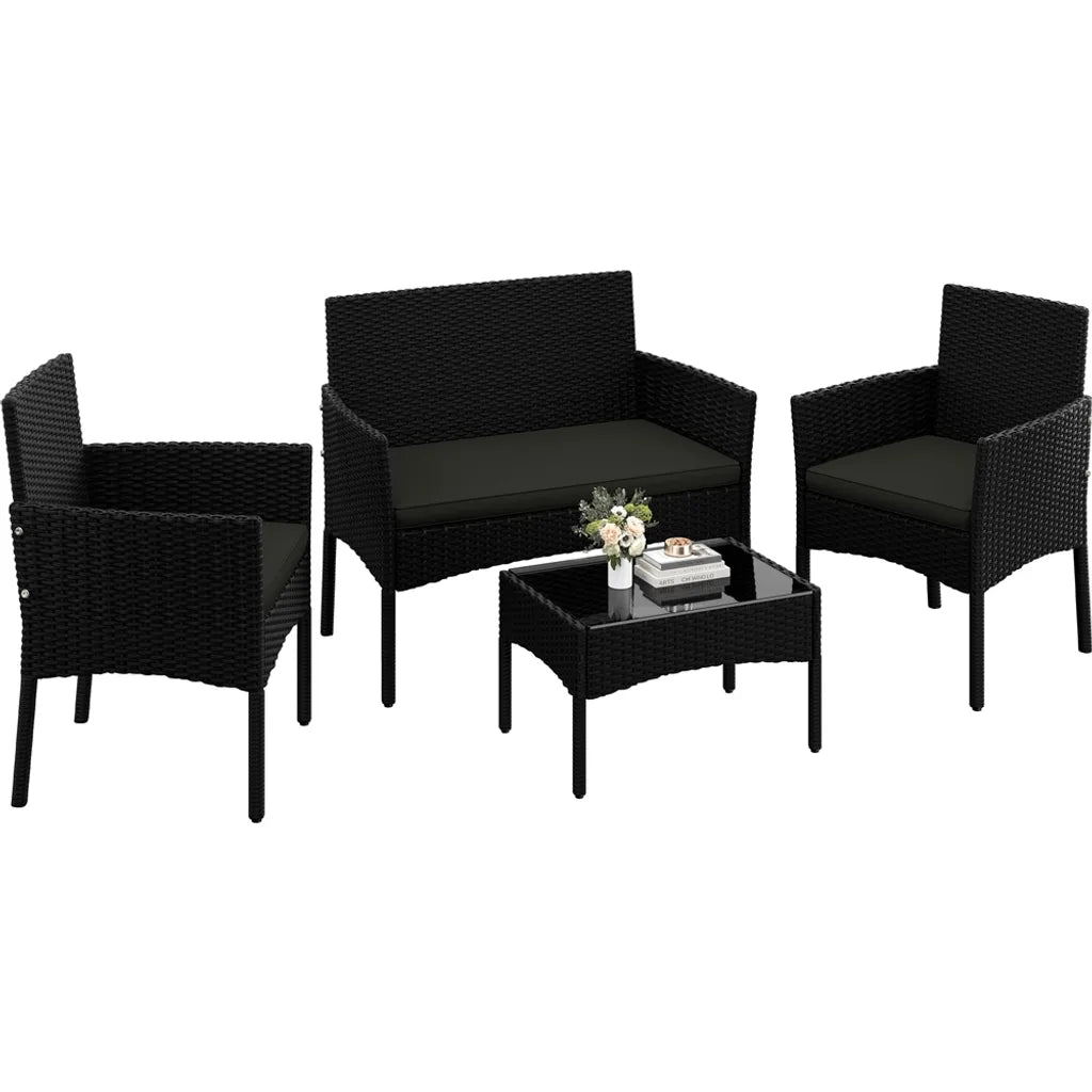 Ensemble de salon de jardin Yaheetech 4 pièces - Noir/Gris - Ensemble de mobilier de jardin en polyrotin comprenant un canapé 2 places, 2 chaises et une table basse