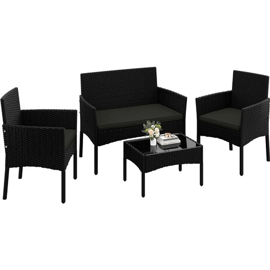 Ensemble de salon de jardin Yaheetech 4 pièces - Noir/Gris - Ensemble de mobilier de jardin en polyrotin comprenant un canapé 2 places, 2 chaises et une table basse