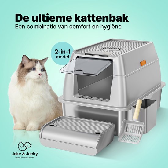 Bac à litière en acier inoxydable Jake and Jacky - Toilette pour chat en acier inoxydable - avec pelle à litière et support et marche de ramassage des gravillons - bac à litière ouvert 2 en 1 avec couvercle amovible - 60x40x38cm
