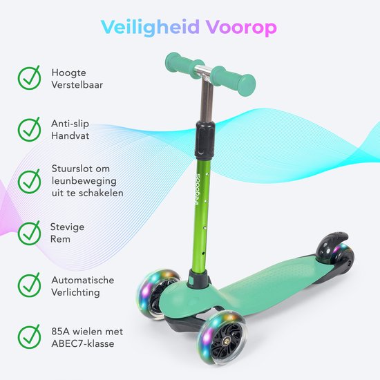 Trottinette LifeGoods pour enfants - 2 à 5 ans - 3 roues lumineuses à LED - Hauteur réglable - Garçons/Filles - Vert menthe