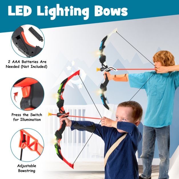 Jeu d'arc et de flèches pour enfants avec éclairage LED - 20 flèches, 2 pauldrons de carquois, cible debout et suspendue - jeu d'intérieur et d'extérieur - 110 x 30 cm