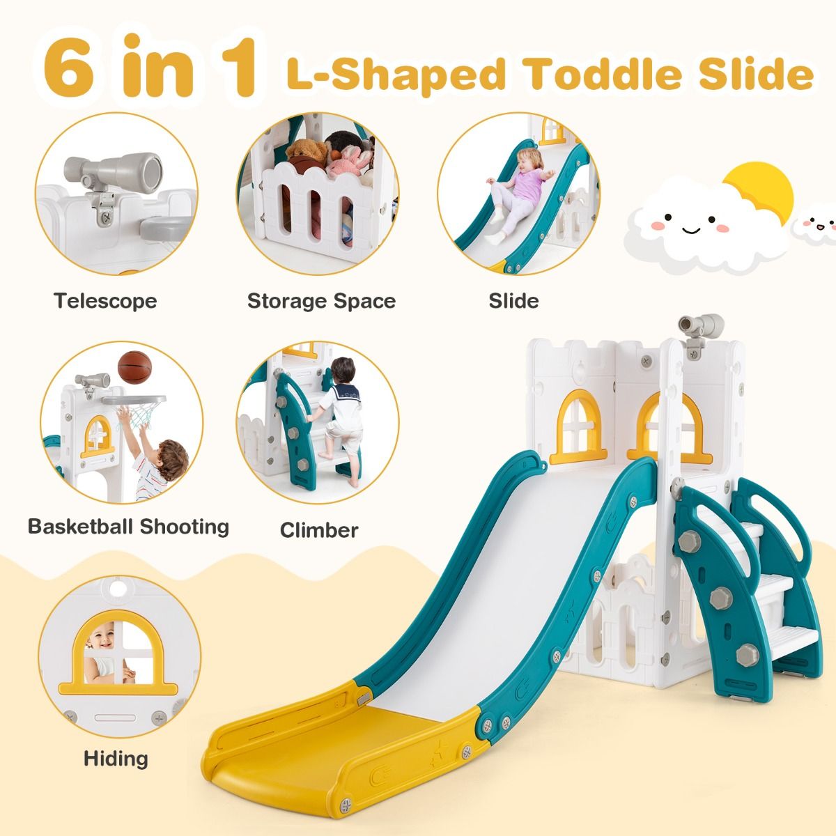 Toboggan pour enfants Coast 6-en-1 - avec panier de basket et télescope - en forme de L - vert